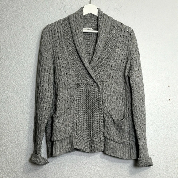 Madewell Shawl Collar Snap Button Cable Knit Grey Cardigan Sweater Size Large - Picture 1 of 8
